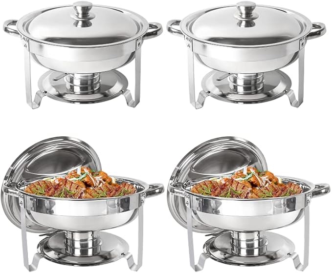 IMACONE Chafing Dish Buffet Set of 4, 5QT Round Stainless Steel Chafer for Catering, Upgraded Chafers and Buffet Warmer Sets w/Food & Water Pan, Lid, Gold Frame, Fuel Holder for Party Wedding Holiday