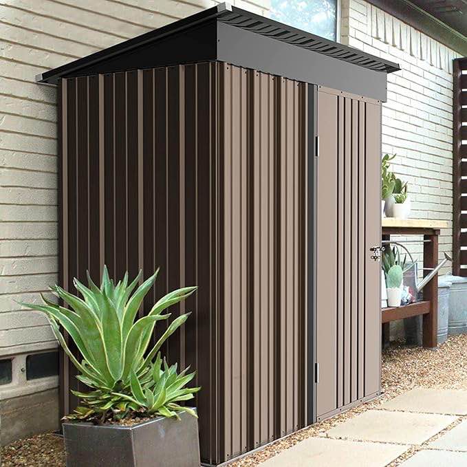 Outdoor Storage Shed with Floor,Tool Garden Metal Sheds with Lockable Door,Outside Waterproof Galvanized Steel Storage House for Backyard Garden, Patio, Lawn Brown