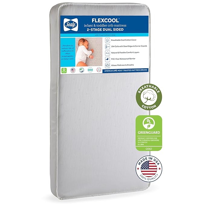 Sealy Flex Cool Breathable Hypoallergenic 2-Stage Dual Firm Waterproof Baby Crib Mattress & Toddler Bed Mattress, Cotton Cover, 204 Premium Coils, Air Quality Certified, Made in USA, 52"x28"