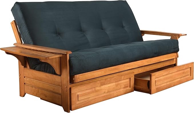 ( only Futon Drawer ) Lakeshore Complete Futon - Drawers, Frame and Mattress Set - Arm Tray 8" Innerspring Full Size Sofa Under Bed Storage Lounger (Navy, Full)