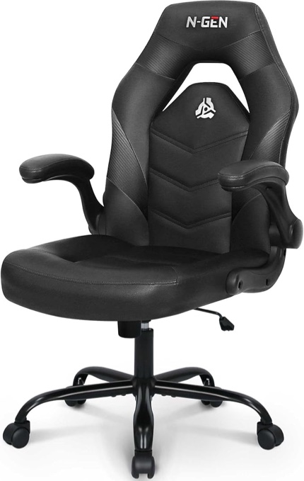N-GEN GAMING Video Gaming Computer Chair Ergonomic Office Chair Desk Chair with Lumbar Support Flip Up Arms Adjustable Height Swivel PU Leather Executive with Wheels for Adults Women Men (Black)