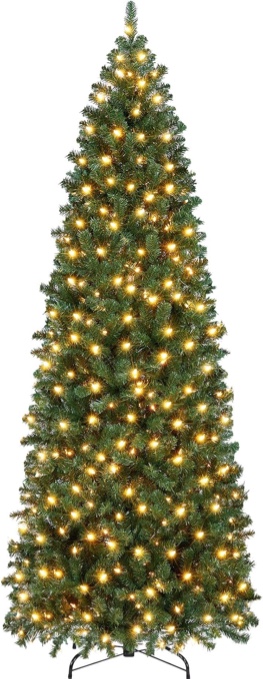 Yaheetech 9ft Pre-lit Artificial Christmas Tree with 500 Warm Lights Hinged Spruce Pencil with Foldable Stand Holiday Decoration Slim Tree, Green (Incomplete Box 1 of 2 Only)