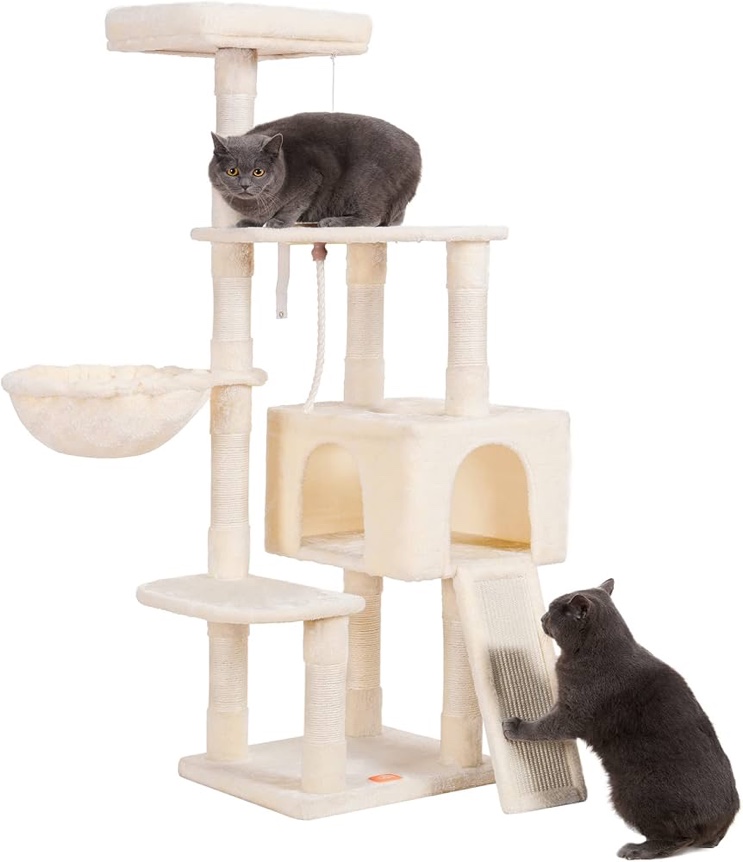 Heybly Cat Tree, Cat Tower for Indoor Cats with Scratching Board, Multi-Level Cat Furniture Condo with Feeding Bowl Light Gray HCT010MM