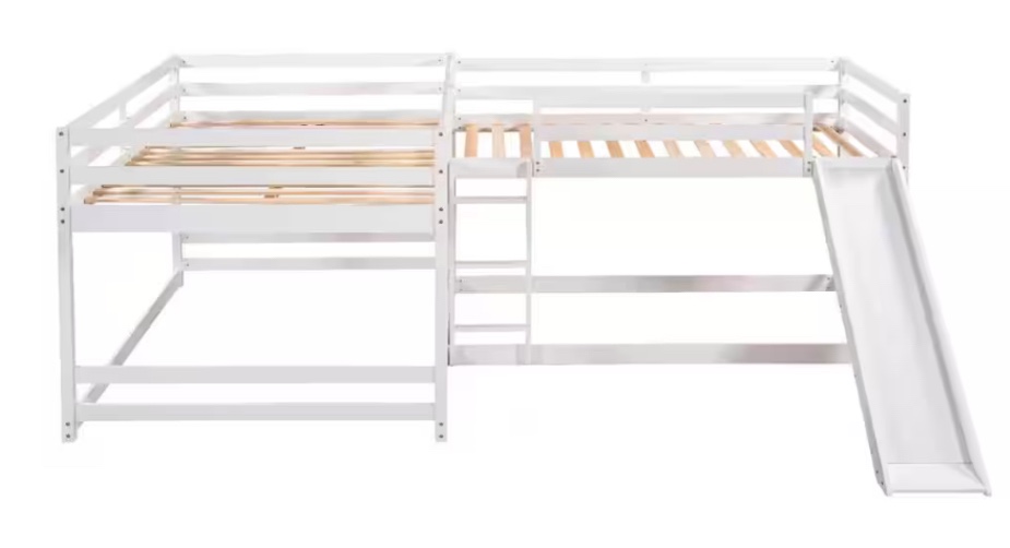 White L-shaped Full and Twin Size Bunk Beds with Slide and Ladder, Double Wood Bunk Beds for 4 Kids and Teens (incomplete)