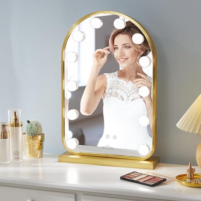 LUXFURNI Vanity Mirror with Lights, 20.5" L x 13" W Arched LED Makeup Mirror, Lighted Makeup Mirror with Lights, Smart Touch Control Dimmable 3 Modes Light, Gold