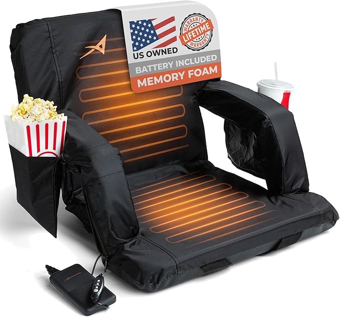 Aceletiqs Double Heated Stadium Bleacher Seat, 20-Inch Wide, Foam, Foldable, Cup Holders, Arm Rest, Reclining, Adjustable Backrest