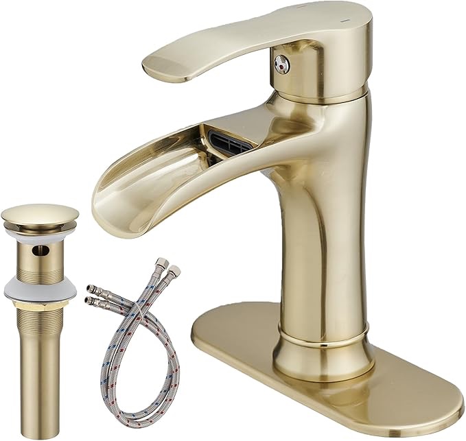 Brushed Gold Bathroom Sink Faucet Waterfall Single Hole Single Handle Farmhouse Lavatory Vanity Sink 1 Hole Deck Mount RV Vintage Antique with Pop Up Drain with Overflow Parts Mixer Tap