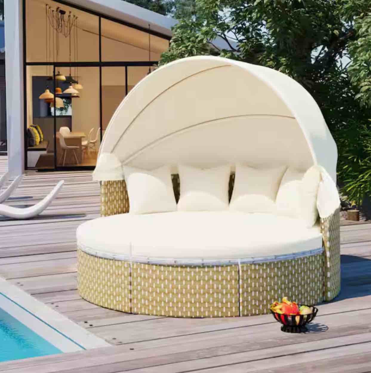Wicker Outdoor Day Bed with Sunbrella Beige Cushions and Retractable Canopy, Patio Furniture Round Rattan Sectional Set