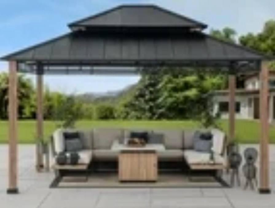 Sunjoy Roberts Outdoor Patio 13 x 15 ft. Black Steel Frame Hardtop Gazebo with 2-Tier Steel Roof (incomplete)