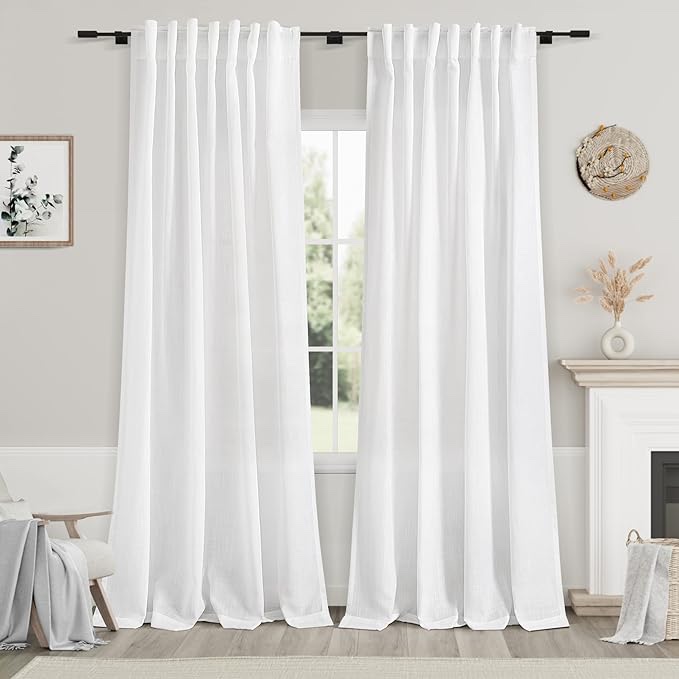 White Linen Curtains 84 inches Long for Bedroom Back Tab Light Filtering Privacy Sheer