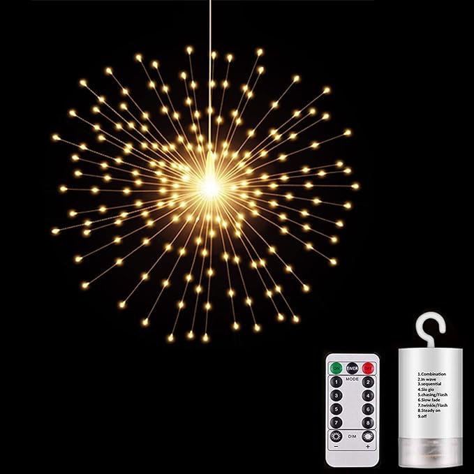 200 LED Starburst Sphere Lights,Firework Lights Battery Powered, Tent Chandelier Remote Control, Waterproof Hanging Lights for Gardens Courtyards Porches Christmas Party Home Decor?Warm White?