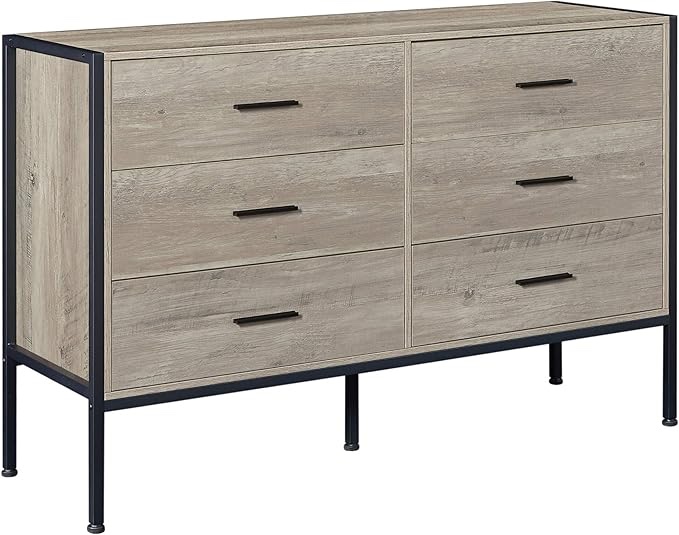 Wood Dresser with 6 Drawers, Wooden Storage Closet for Bedroom, Solid Clothes Cabinet with Sturdy Steel Frame, 48.58" W×15.75" D×31.22" H, 48 inch, Rustic Grey