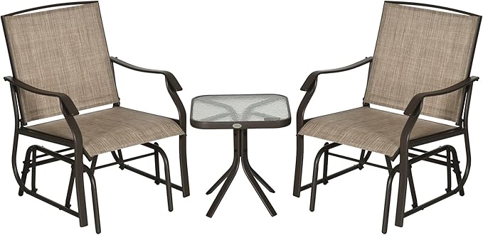 Outsunny 3 Piece Outdoor Glider Chair with Coffee Table Bistro Set, 2 Patio Rocking Swing Chairs with Breathable Sling Fabric, Glass Tabletop, for Backyard, Garden and Porch, Mixed Brown
