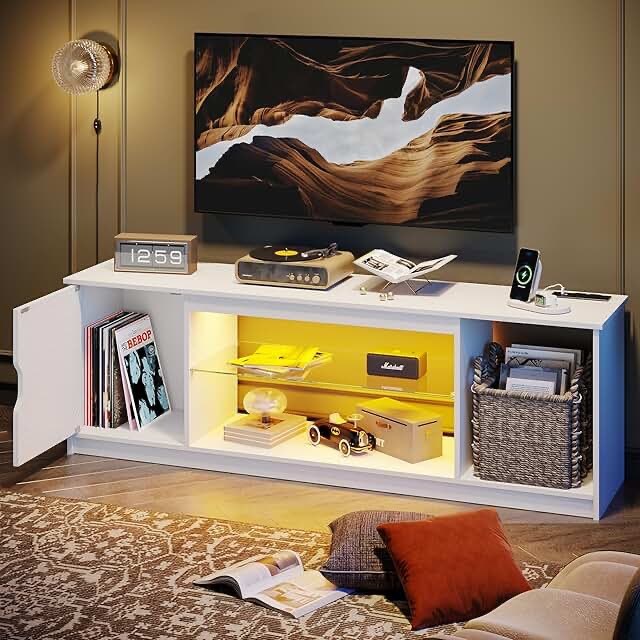white tv stand with outlets