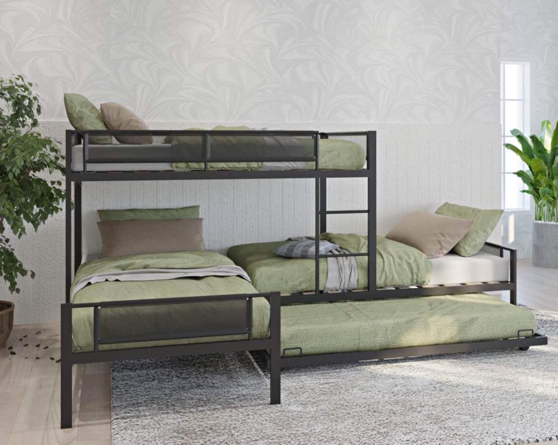 Metal Triple Bunk Bed with Trundle for Kids, L Shaped Twin Over 2 Twin 3 Bunk Beds Heavy Duty Quad Bunk Beds for 4 Teens Adults Toddlers