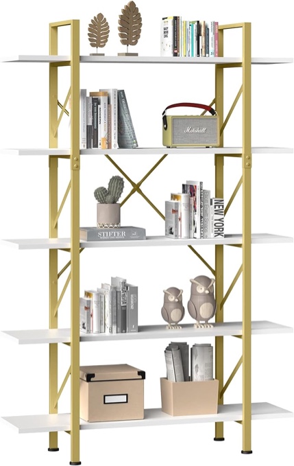 YITAHOME 5 Tier Bookcase, Artsy Modern Bookshelf, Book Rack, Storage Rack Shelves in Living Room/Home/Office, Books Holder Organizer for Books/Movies - Gold & White