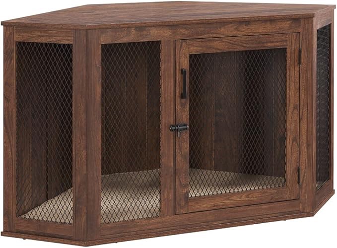 unipaws Furniture Style Corner Dog Crate for Medium Large Dogs, Indoor Aesthetic Puppy Kennel TV Stand, Modern Decorative Wood Pet House Dog Cage, Pretty Cute End Side Table Nightstand, Walnut