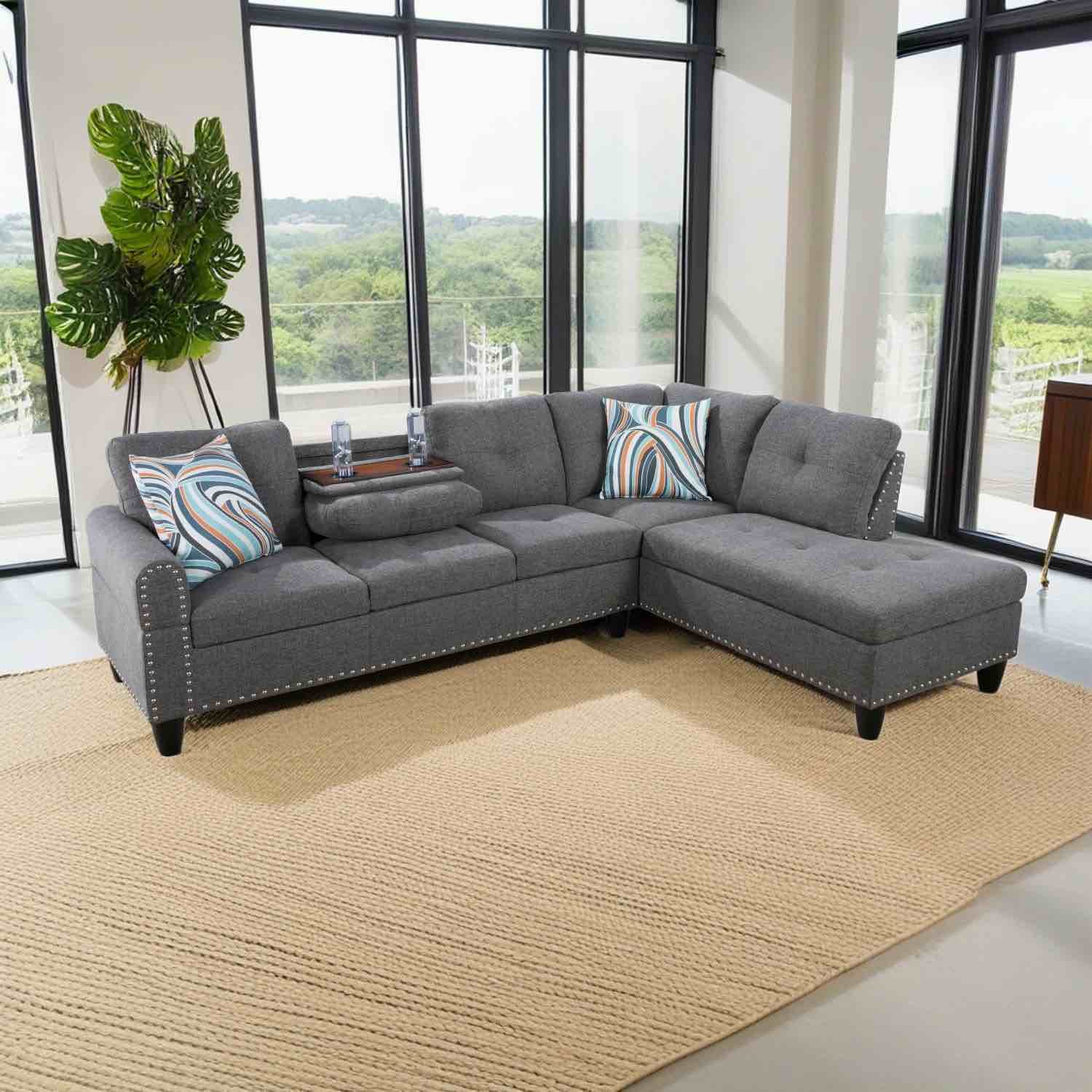 Hommoo 4-Seat Linen Sectional Sofa Sets, L Shaped Flippable Backrest Sectional Couches and Sofas, Modern Living Room Furniture Sets, 15' Back Height, Grey(No Ottoman)