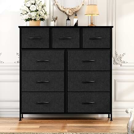 NEWBULIG Dresser for Bedroom with 9 Drawers, Storage Organizer Units with Cabinet Wooden Top for Clothing Closet Living Room Hallway, Fabric Bins, Black