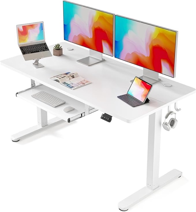 FEZIBO Standing Desk with Keyboard Tray, 55  24 Inches Electric Height Adjustable Desk, Sit Stand Up Desk, Computer Office Desk, White