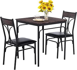 VECELO 3-Piece Dining Room Table Set with PU Padded Chairs for Kitchen, Small Space, Apartment