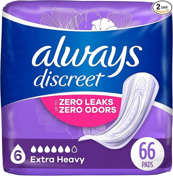 Always Discreet Adult Incontinence & Postpartum Pads For Women, Extra Heavy Overnight Absorbency, Regular Length, 33 Count x 2 Packs (66 Count total) (Packaging May Vary)