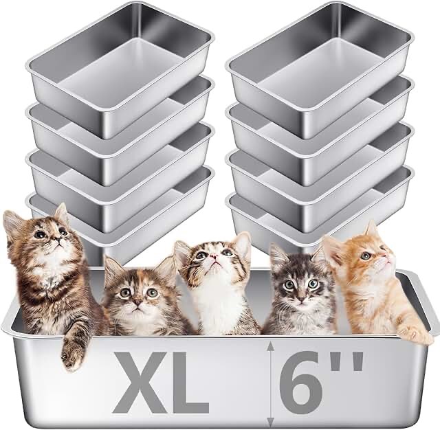 10 Packs Stainless Steel Litter Box for Cat Extra Large Metal Litter Box Non Stick Litter Pan with High Sides Never Absorbs Odor, Rustproof, Easy to Clean for Cat Dog (23.5 x 15.5 x 6 Inch)
