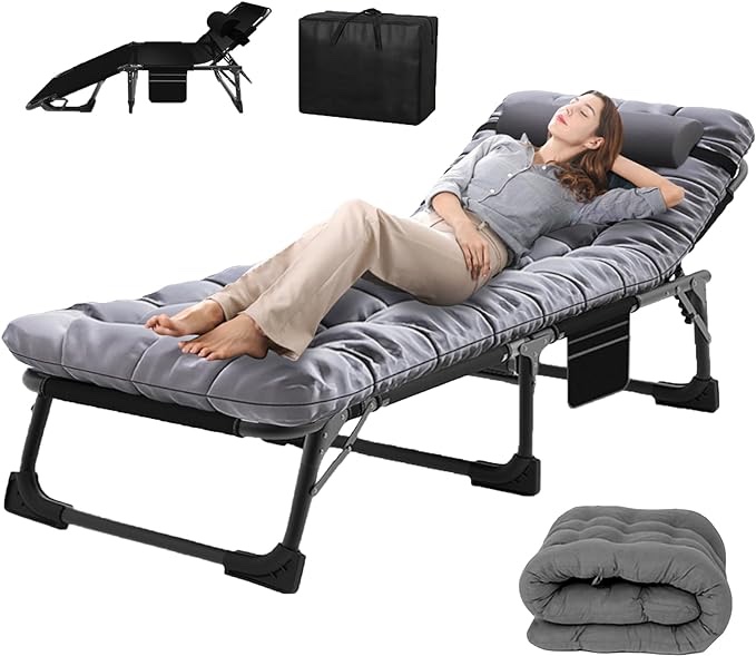 soliles Portable Folding Camping Cot, Adjustable 4-Position Adults Reclining Chairs with Mattress,Outdoor Patio Folding Lounge Chair Sleeping Cots Bed, Perfect for Camping, Pool, Beach, Patio