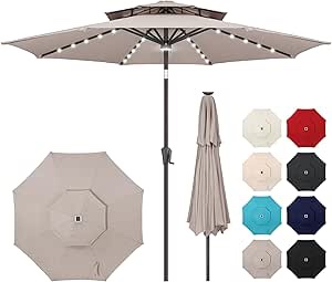 9ft Solar Umbrella Outdoor - Double Top Lighted Patio Umbrella with 40 LED Lights Waterprool Uv Protection, Table Umbrella with Tilt & Crank for Pool, Porch, Garden, Backyard(Dark Blue) 9FT-2 Tiers Taupe 