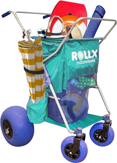 RollX Beach Cart with Big Balloon Wheels for Sand, Foldable Storage Wagon with 13 Inch Beach Tires ( Pump Included) (Seafoam)