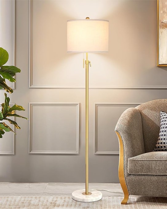 Modern Floor Lamp for Living Room, Adjustable Height Standing Lamp with Marble Base, 3-Way Dimmable Gold Tall Pole Light with White Linen Shade for Reading Bedroom, Pull Chain Switch, Bulb Included