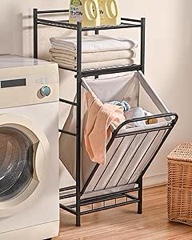 PLKOW Tilt Out Laundry Hamper with Shelf, Rolling Laundry Basket Laundry Hamper Cabinet with Removable Liner Bag, Lockable Wheels, 65 Liter, 15.8L x 15.8W x 40H Inch