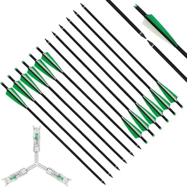 IRQ 20 Inch Carbon Crossbow Bolt and Crossbow Broadheads Set, 12 Pcs Hunting Carbon Arrows for Crossbow with 3 Blade Broadheads 6 Pcs for Archery Practise Hunting Crossbow Arrows Green and white