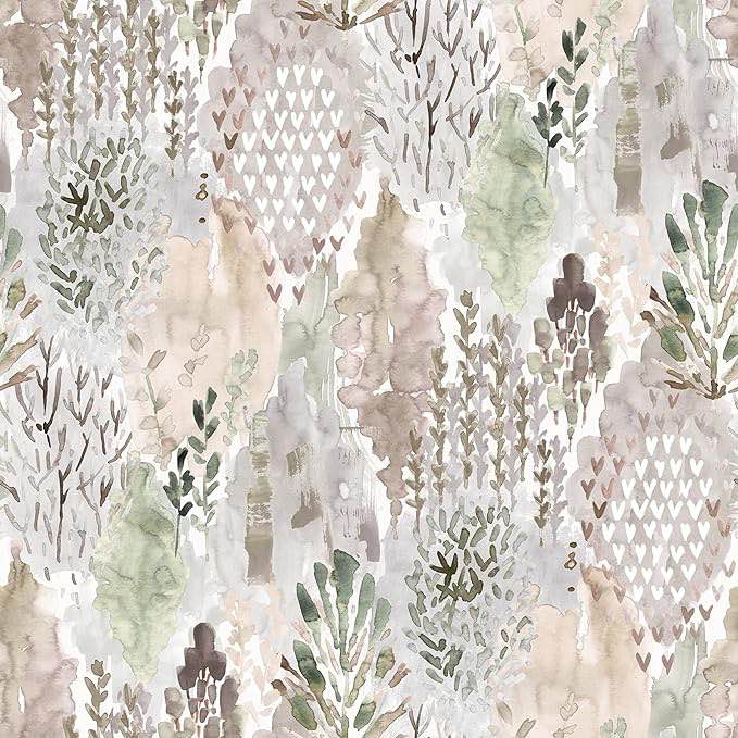 RoomMates RMK12331PLW Taupe Watercolor Tree Mosaic Peel and Stick Wallpaper, Beige/Grey