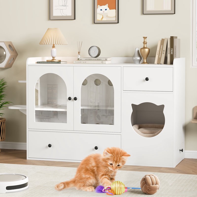 47.2" Cat Condo Litter Box Enclosure Cat Wooden Storage Cabinet With Bowls