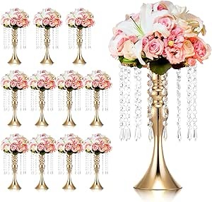 12 Pcs Gold Wedding Centerpieces for Tables 13.8 Inch Tall, Crystal Flower Stand Gold Floral Vases for Tabletop Flower Arrangement Stand Wedding Party Event Anniversary Reception Hotel Home Decor