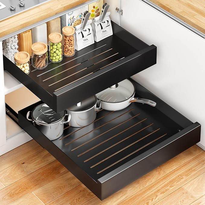 (Similar)Pull out Cabinet Organizer, 21"Deep, Slide out Drawers for Kitchen Cabinets,Sliding No Drill Shelves Fixed by Adhesive, Peel and Stick on Roll out Shelf Rack for Home Bathroom Pantry Base Organization
