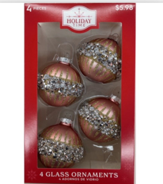 Holiday Time 4 Bolas de Cristal con Gemas, Adornos Navideños, 65 Mm, Caja de Cristal, Rosa