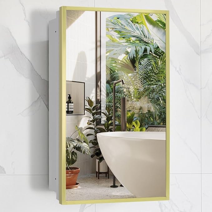 Movo Gold Metal Framed Medicine Cabinet with Mirror,16"x28" Recessed or Surface Mount Mirrored Medicine Cabinet for Bathroom,Rectangle Tilting Beveled Vanity Mirrors with Removable Shelves 16"W x 28"H(Gold) Gold