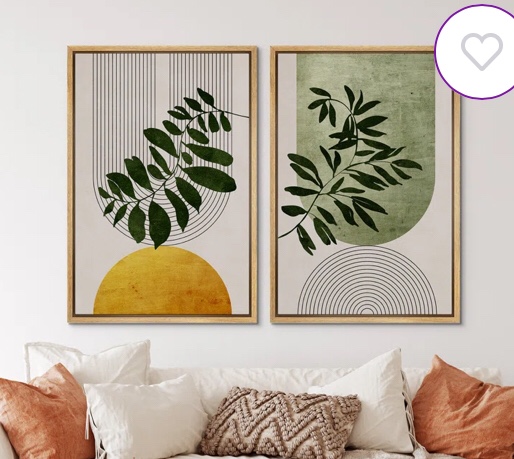 Mid Century Modern Boho Green Yellow Bright Plant Art Framed Canvas 2 Pieces Print Wall Art Set