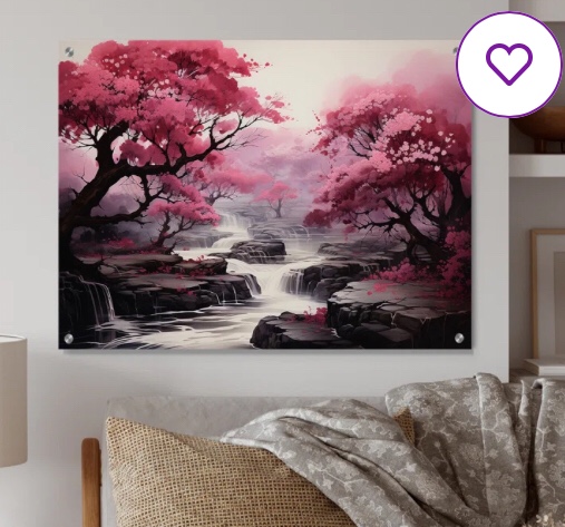 Pink Trees Waterfall Endless Journey - Landscapes Wall Art Living Room