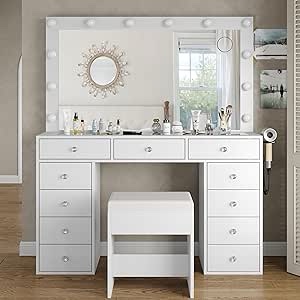 Large Vanity Desk with Mirror & Stool Makeup Vanity with 11 Drawer Power Outlet 3 Color Light White