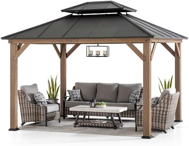 Sunjoy Wooden Grill Gazebo 10 ft. x 12 ft. Outdoor Cedar Frame BBQ Gazebo, Backyard Hot Tub Gazebo with Metal Hardtop Roof, Exclusive PowerPort and Bar Shelves