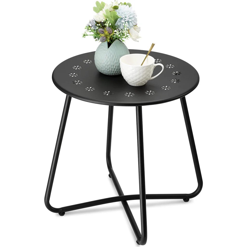 Danpinera Black  Round Shape Flower Cutout Metal Outdoor End Table