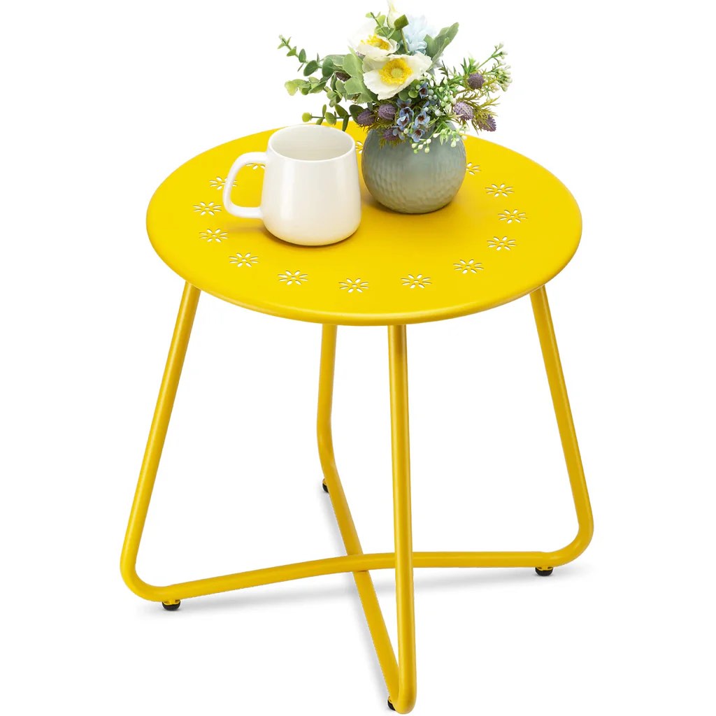 Yellow Round Shape Flower Cutout Metal Outdoor End Table