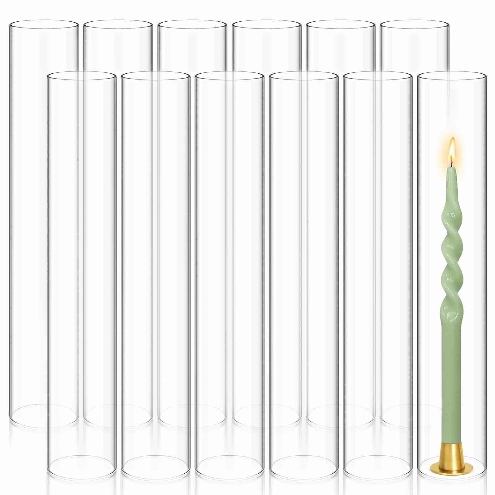 Showgeous 12 PCS Hurricane Candle Holder, D:3" H:14" Open Ended Glass Candle Cylinder Sleeve, Clear Glass Cylinder Candle Holder, Open Flame Candle Chimney Tube Cover, Bottomless Cylindrical Glass 