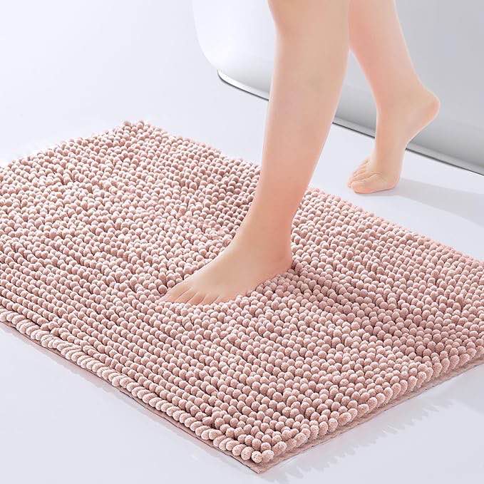 Bathroom Rug Mat Non-Slip Bath Mat for Bathroom Floor & Bathtub, Washable Soft Shower Shag Bath Rugs, Fluffy Thick Water Absorbent Microfiber Shower Mat, Dusty Pink