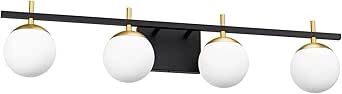Ralbay Mid Century Modern Vanity Light Fixture 4-Light Milky Glass Modern Bathroom Vanity Lights Over Mirror, Black/Golden Modern Vanity Light for Bathroom (Exclude Bulb) Black/Gold 4 Light