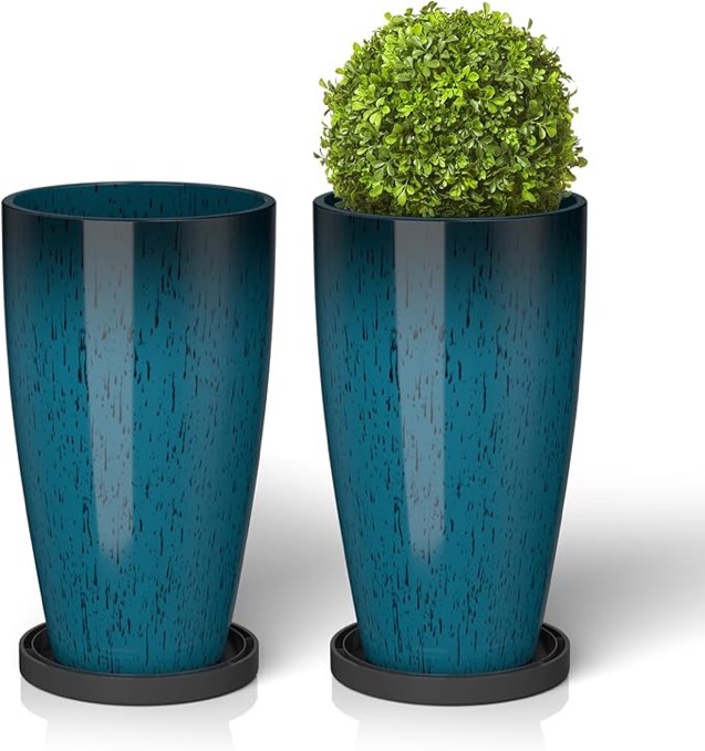 ZMTECH 21 Inch Tall Planters for Outdoor Plants Set of 2 Large Outdoor Planters for Outside Round Plant Pots Plastic Flower Pots with Drainage Holes for Front Porch Patio Garden, Dark Blue Green