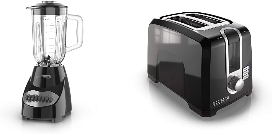 BLACK+DECKER 10-Speed Countertop Blender with 48oz Glass Jar and 4-point Stainless Steel Blade and BLACK+DECKER 2-Slice Extra Wide Slot Toaster